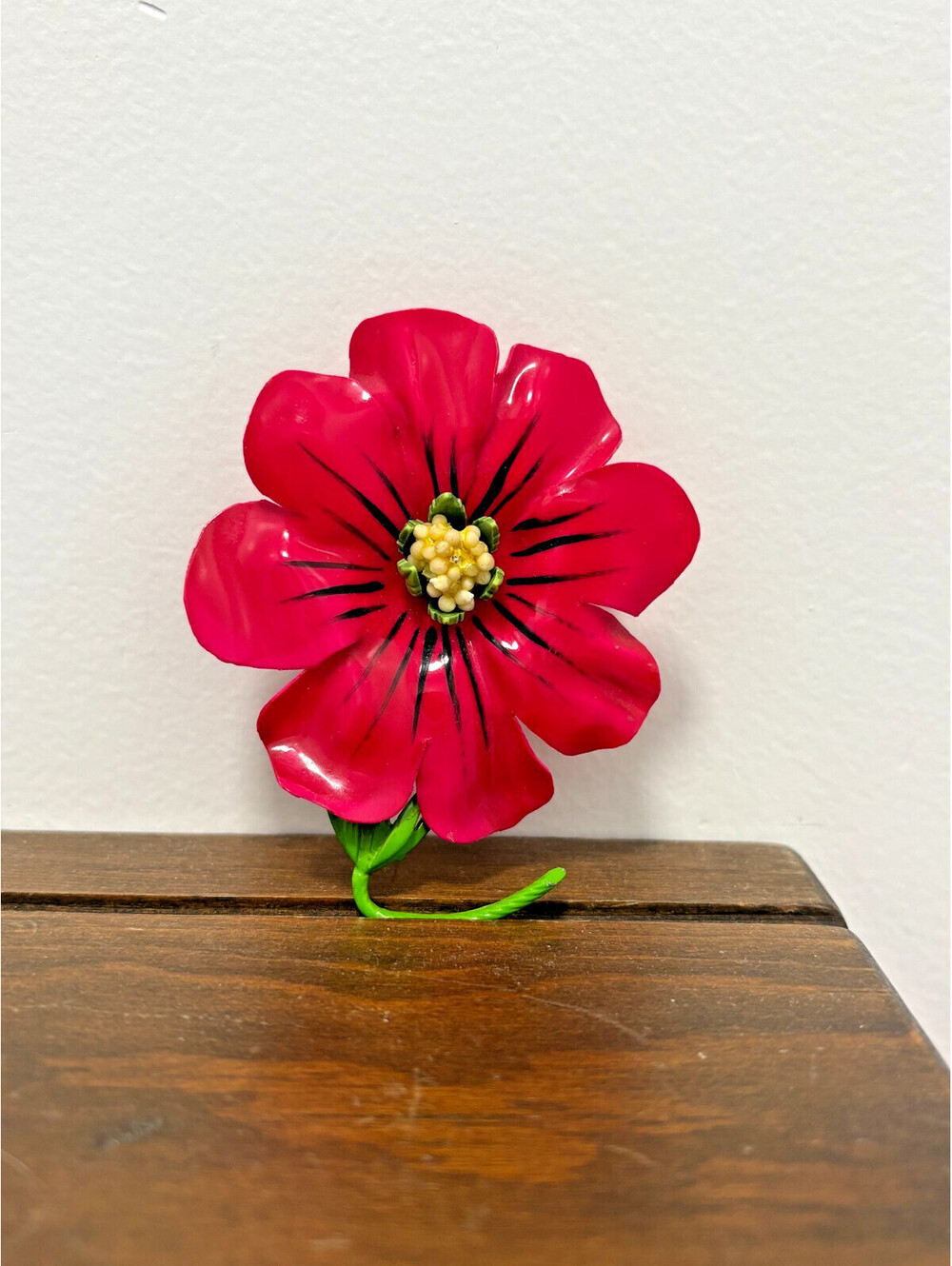 Large Vintage Fuchsia Red Flower Celluloid Plastic Flower Metal Stem Brooch